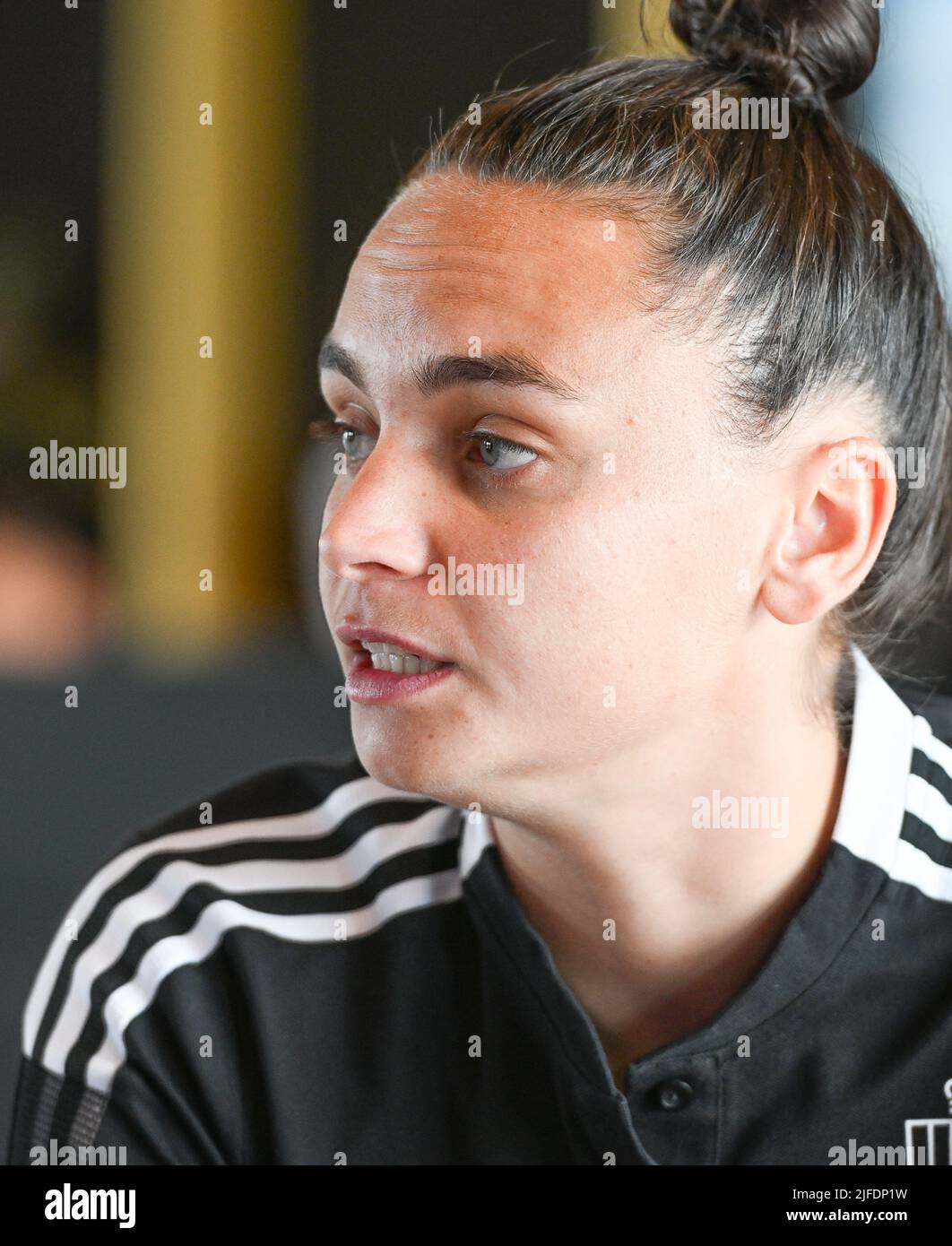 Tubize, Belgium. 02nd July, 2022. Belgium's goalkeeper Nicky Evrard pictured during a press conference of the Belgium's national women's soccer team the Red Flames, Saturday 02 July 2022 in Tubize. The Red Flames are preparing for the upcoming Women's Euro 2022 European Championships in England. BELGA PHOTO DAVID CATRY Credit: Belga News Agency/Alamy Live News Stock Photo