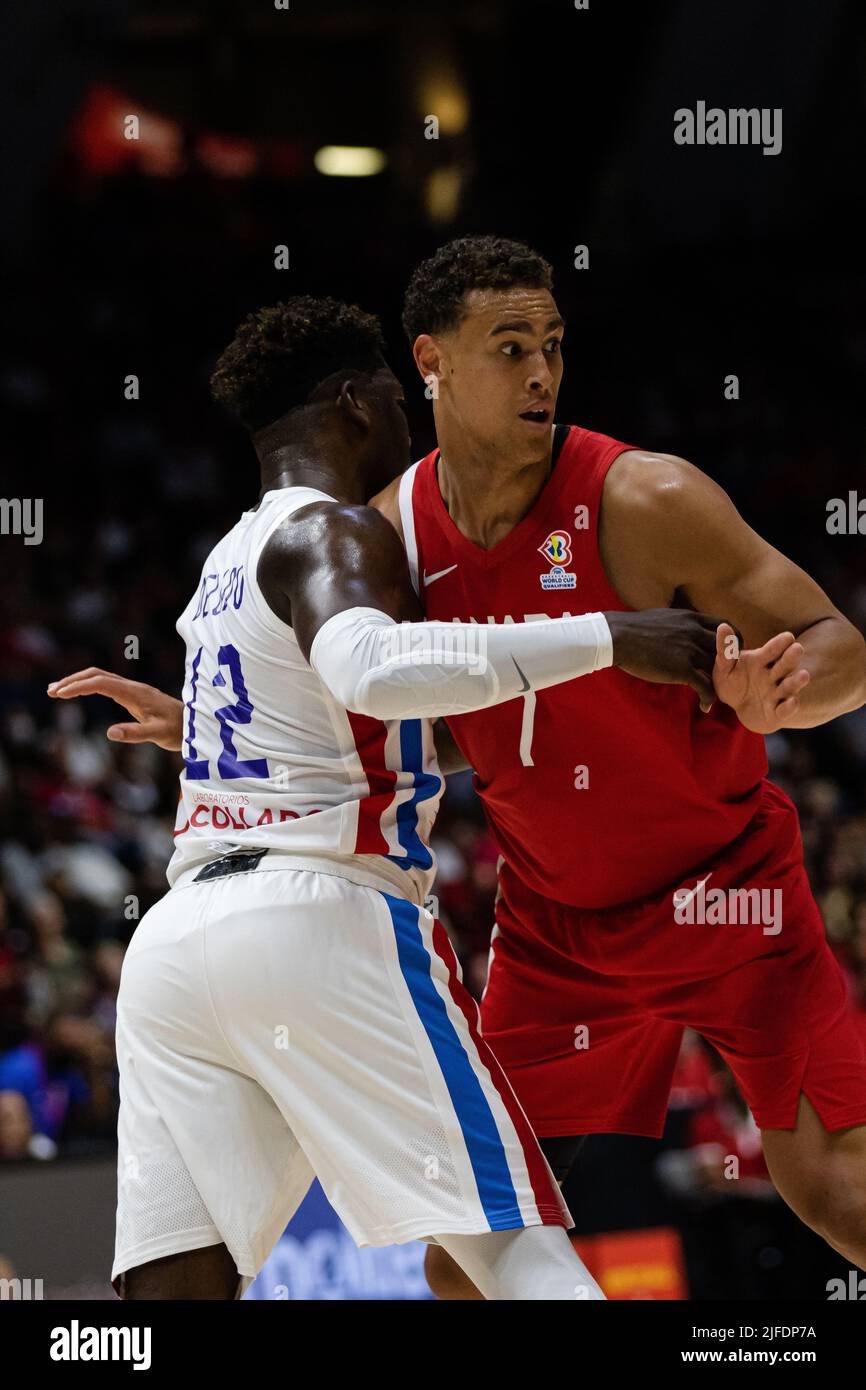 Hamilton, Canada, July 01, 2022: Dwight Powell (R) of Team Canada in action against Angel Delgado of Team Dominican Republic during the FIBA World Cup qualifying game (Window 3) at First Ontario Centre in Hamilton, Canada. Canada won the game with the score 95-75. Credit: Phamai Techaphan/Alamy Live News Stock Photo