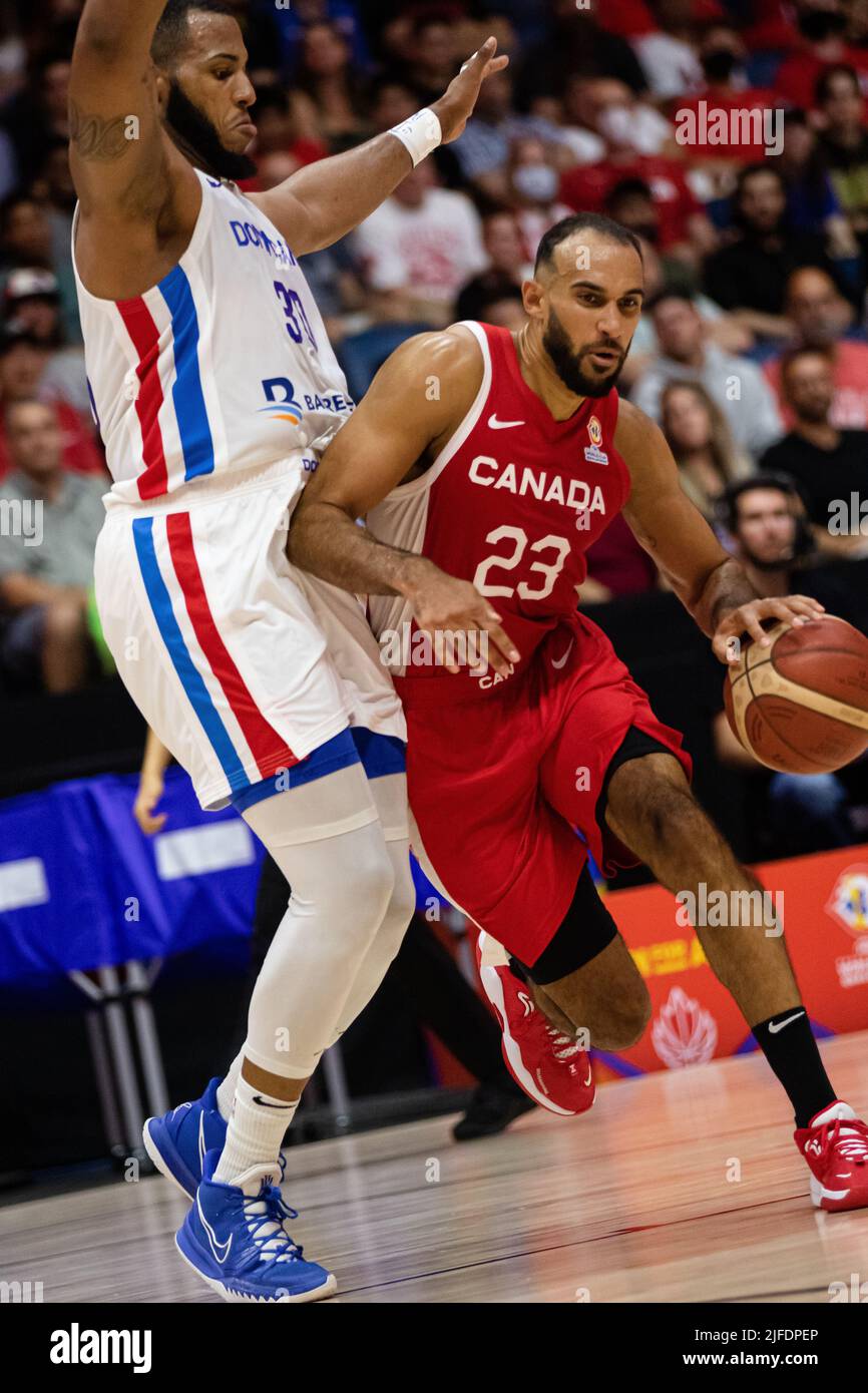 Hamilton, Canada, July 01, 2022: Phil Scrubb (R) of Team Canada in action during the FIBA World Cup qualifying game (Window 3) against Team Dominican Republic at First Ontario Centre in Hamilton, Canada. Canada won the game with the score 95-75. Credit: Phamai Techaphan/Alamy Live News Stock Photo