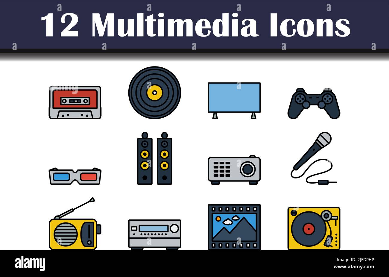 Multimedia Icon Set. Editable Bold Outline With Color Fill Design ...