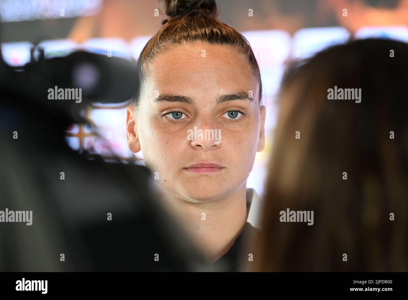 Tubize, Belgium. 02nd July, 2022. Belgium's goalkeeper Nicky Evrard pictured during a press conference of the Belgium's national women's soccer team the Red Flames, Saturday 02 July 2022 in Tubize. The Red Flames are preparing for the upcoming Women's Euro 2022 European Championships in England. BELGA PHOTO DAVID CATRY Credit: Belga News Agency/Alamy Live News Stock Photo