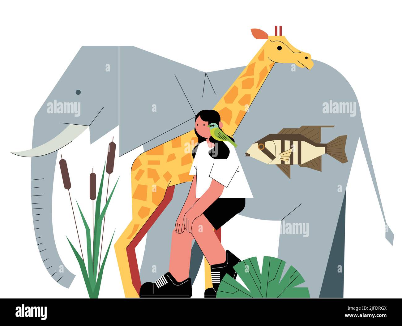 A vector illustration of cartoon animals, girl and plants on white background Stock Vector