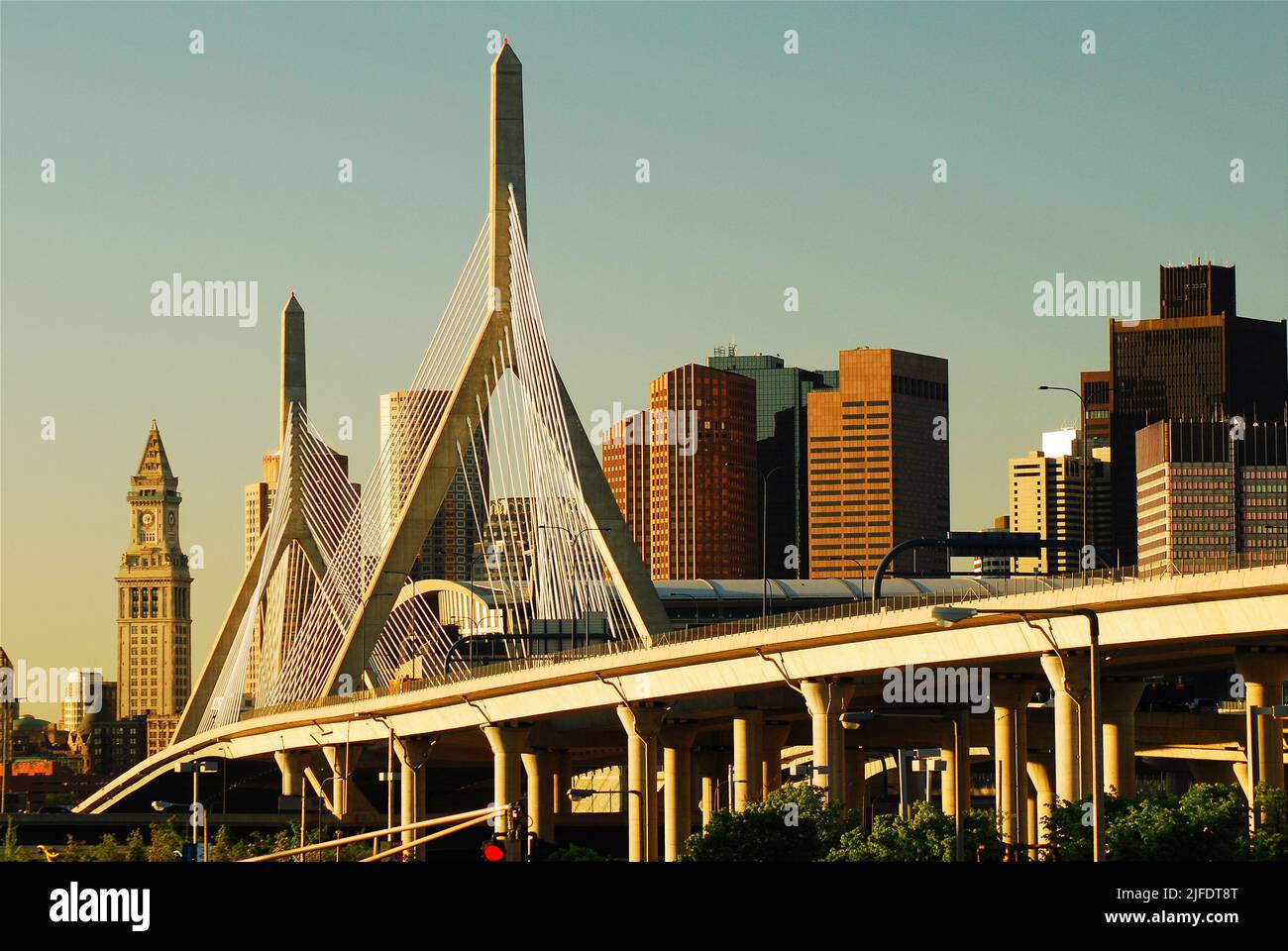 The Leonard P Zakim Bunker Hill Memorial Bridge is a cable stayed suspension bridge built in Boston, carrying i-93 and was part of the Big Dig project Stock Photo