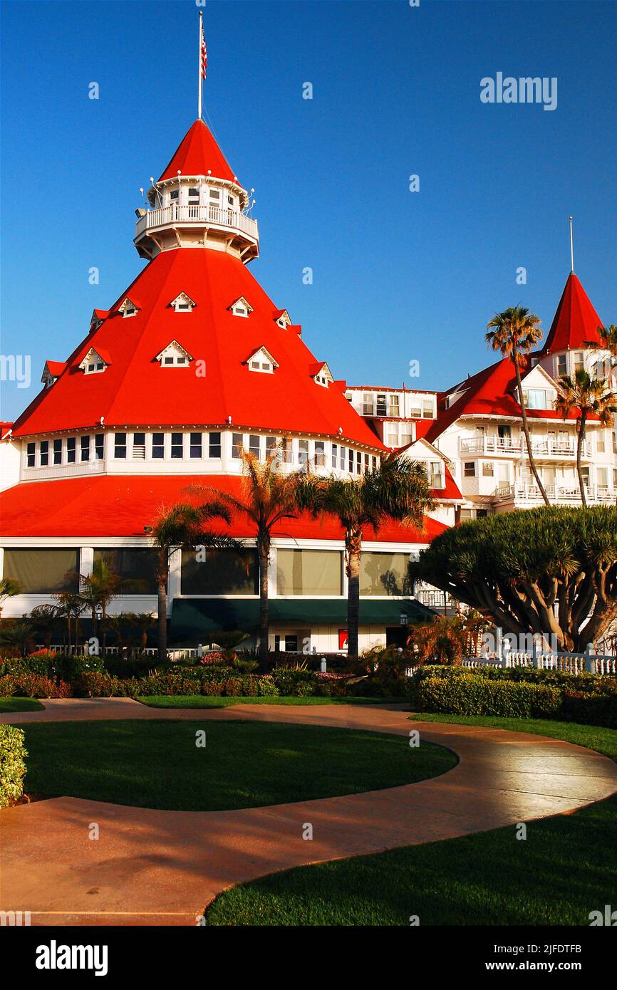 The red roof of the Hotel del Coronado, is a familiar sight of the resort near San Diego California Stock Photo