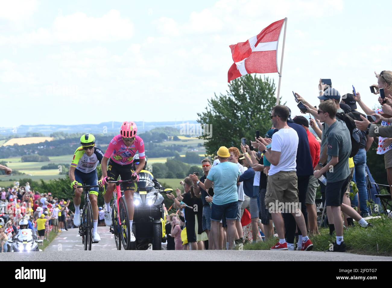 Denmark. 02nd July, 2022. Norwegian Sven Erik Bystrom of Intermarche Wanty-Gobert Materiaux and Danish Magnus Cort Nielsen of EF Education-EasyPost pictured in action during the second stage of the Tour de France cycling race, a 202,2 km race between Roskilde and Nyborg, Denmark, Saturday 02 July 2022. This year's Tour de France takes place from 01 to 24 July 2022 and starts with three stages in Denmark. BELGA PHOTO DAVID STOCKMAN Credit: Belga News Agency/Alamy Live News Stock Photo