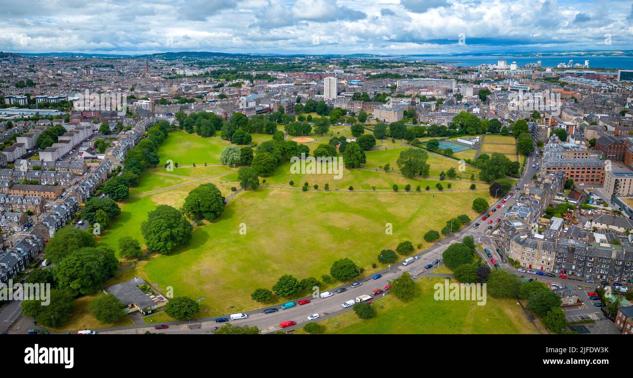 Aerial view from drone of Leith Links public park in Leith , Edinburgh
