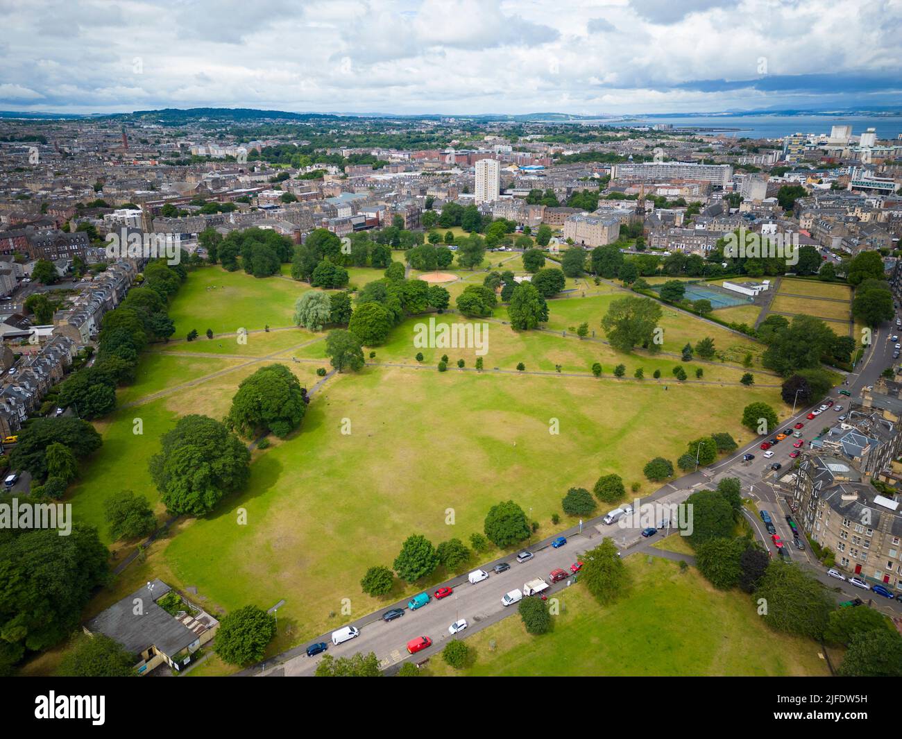 Aerial view from drone of Leith Links public park in Leith , Edinburgh