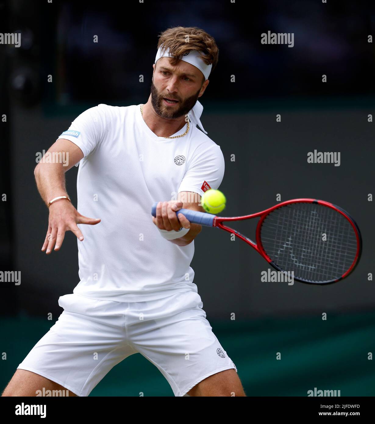 Liam Broady in action during his Gentlemen's Singles third round match against Alex de Minaur during day six of the 2022 Wimbledon Championships at the All England Lawn Tennis and Croquet Club, Wimbledon. Picture date: Saturday July 2, 2022. Stock Photo