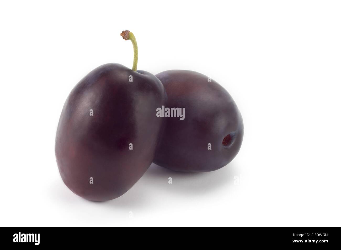 Fresh plums fruit isolated on bright background. Close up view. Stock Photo
