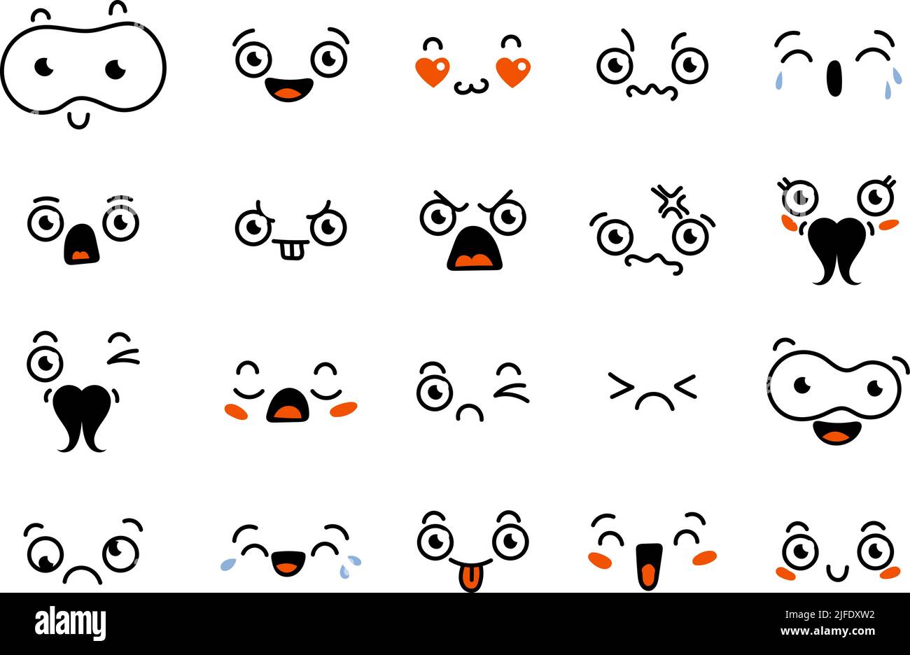 Various Cartoon Emoticons Set. Doodle faces, eyes and mouth. Caricature ...