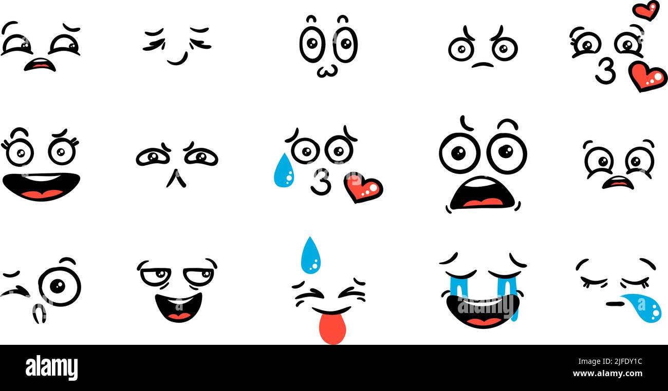 Various Cartoon Emoticons Set. Doodle faces, eyes and mouth. Caricature ...