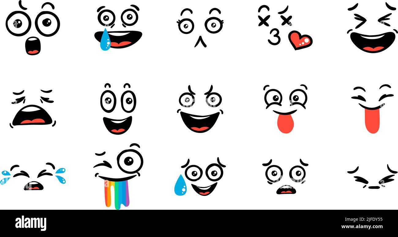 Various Cartoon Emoticons Set. Doodle faces, eyes and mouth. Caricature ...