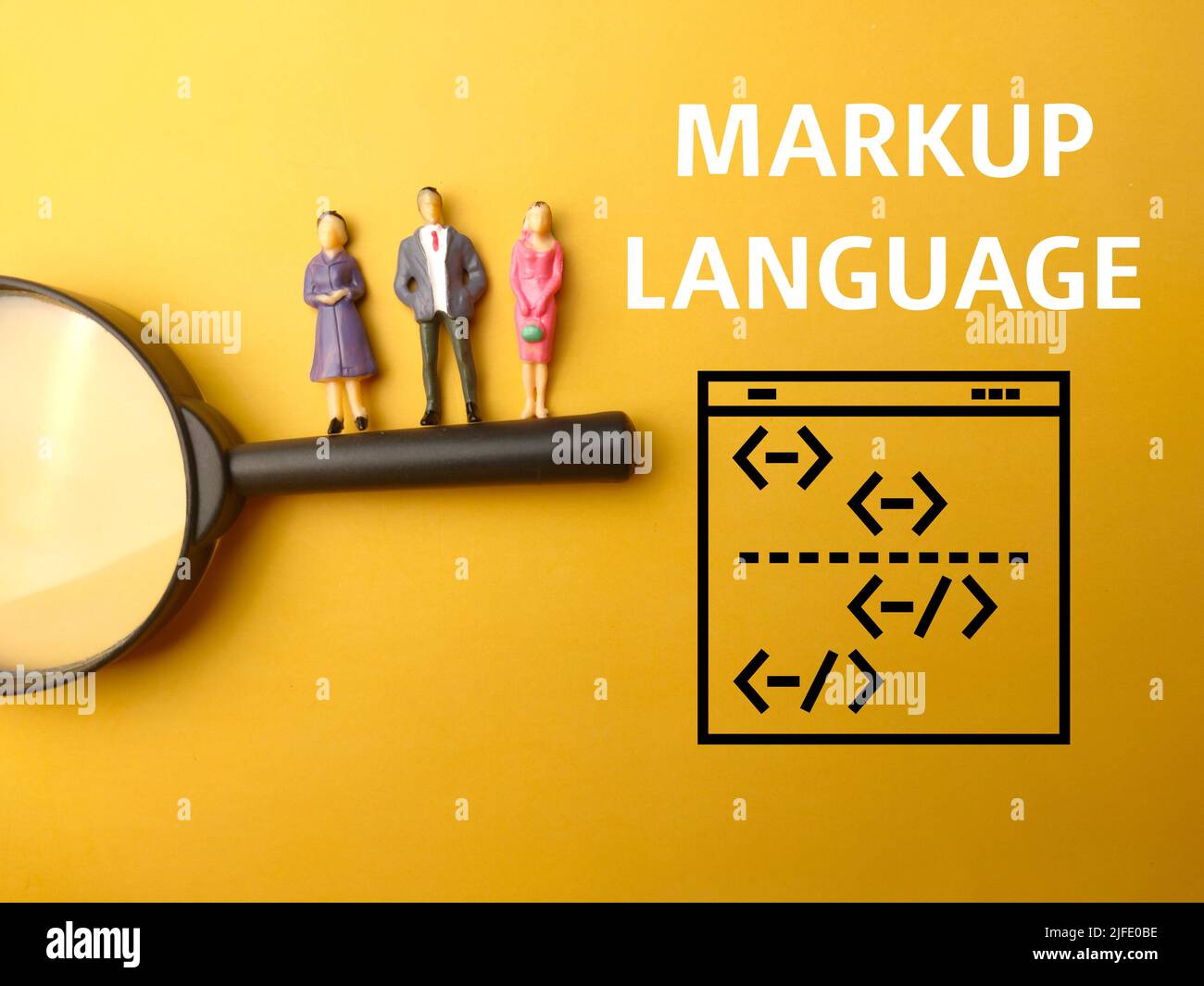 A poster of a markup language with a vector component and the people's tiny figures on the yellow background Stock Photo