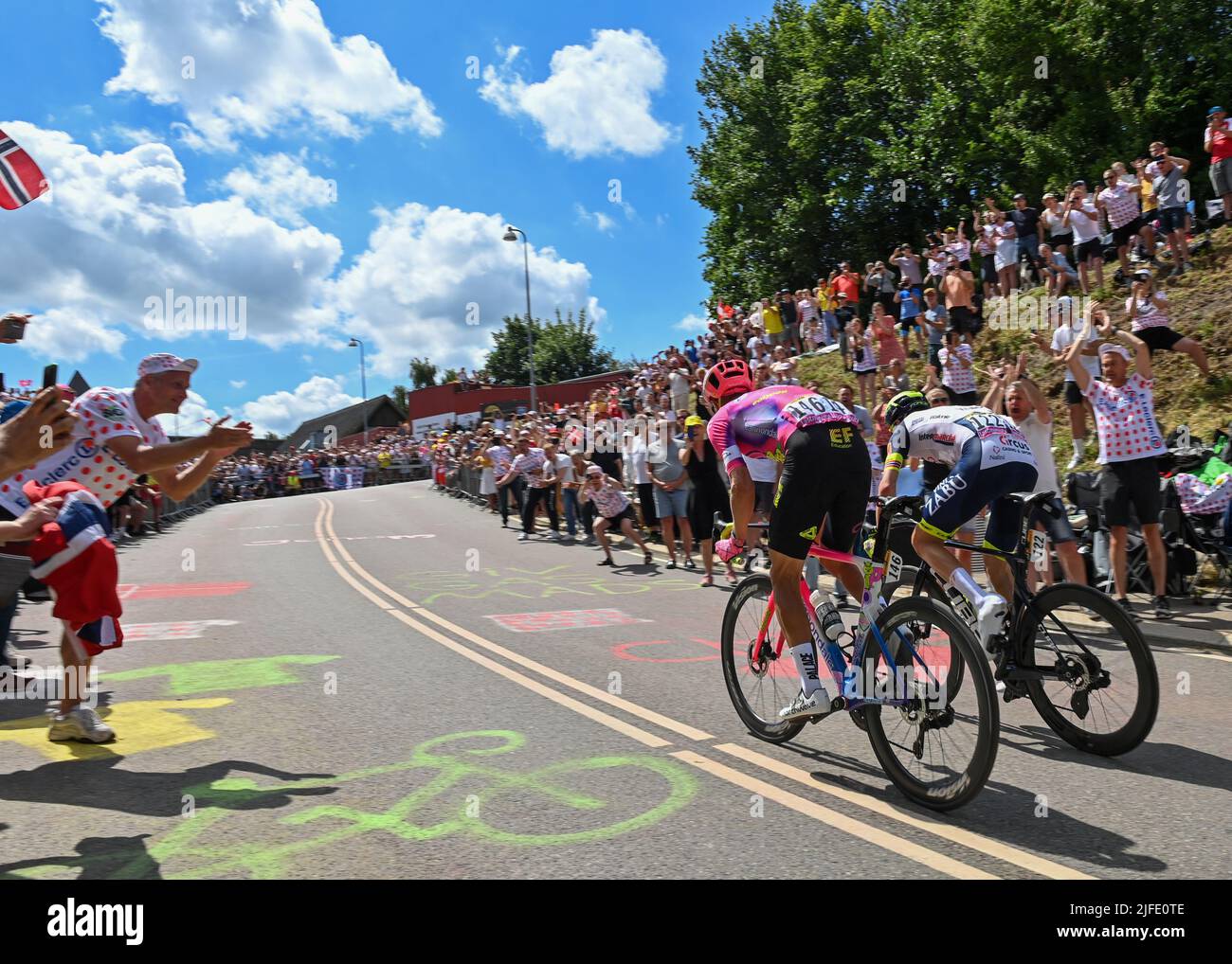 Denmark. 02nd July, 2022. Magnus CORT and Sven Erik BYSTRØM giving the home crowd something to cheer for at they sprint for the KOM points during Tour De France, Stage 2, Roskilde to Nyborg, Denmark, 1st July 2022, Credit:Pete Goding/Goding Images/Alamy Live News Credit: Peter Goding/Alamy Live News Stock Photo