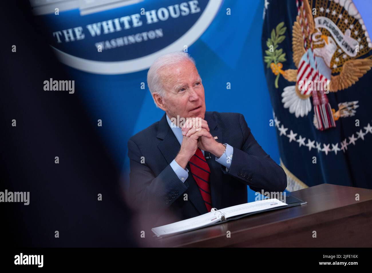 United States President Joe Biden participates in a meeting with Governors to discuss efforts to protect access to reproductive health care in the South Court Auditorium in Washington, DC, July 1, 2022. Credit: Chris Kleponis/CNP /MediaPunch Stock Photo
