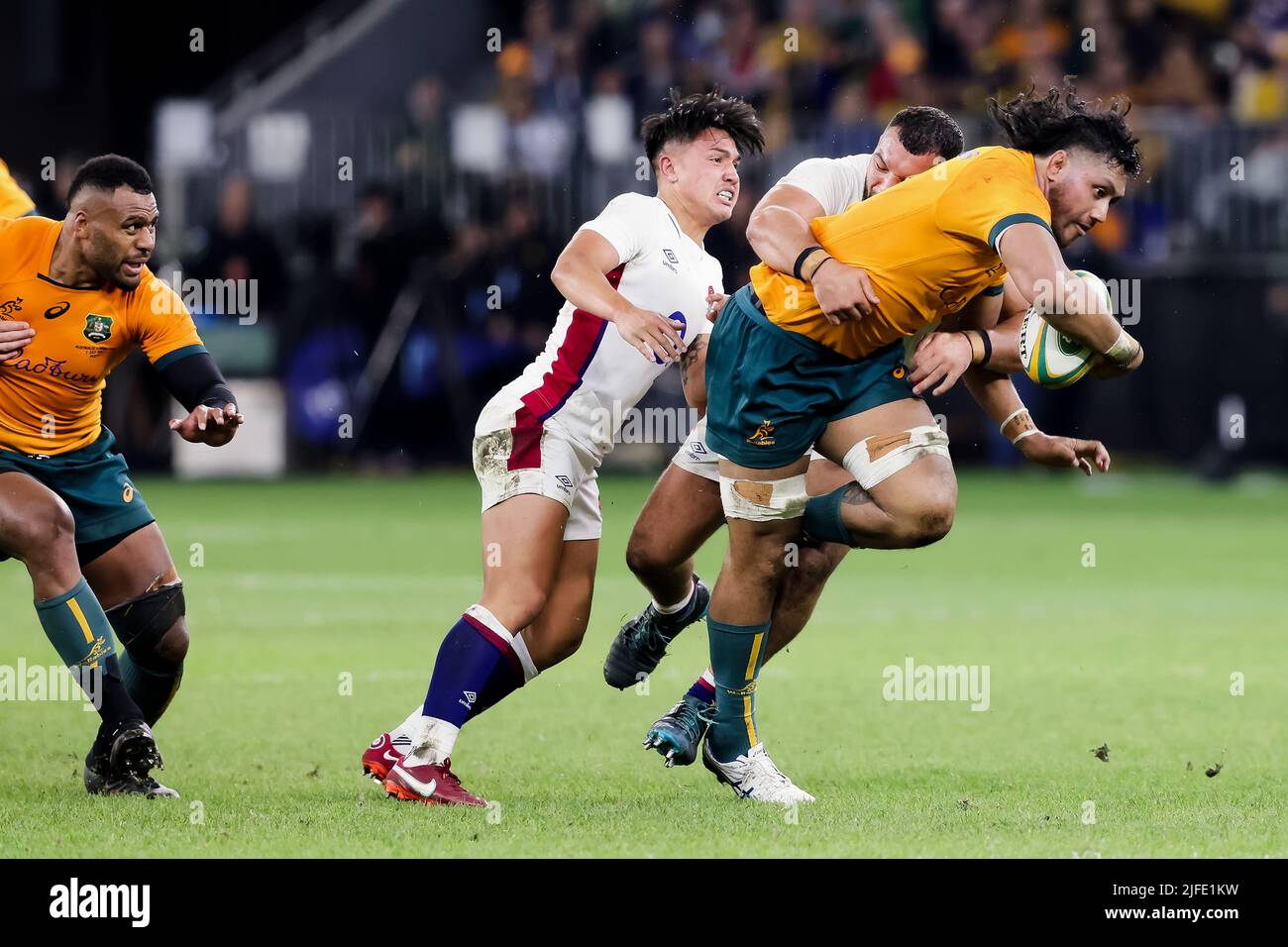 Perth, Australia, 2 July, 2022. During the rugby international test match between the Australia Wallabies and England at Optus Stadium on July 02, 2022 in Perth, Australia. Credit: Graham Conaty/Speed Media/Alamy Live News Stock Photo