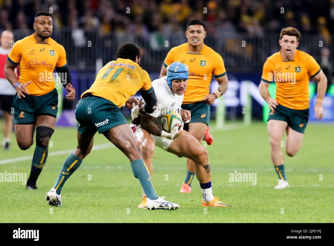 Perth, Australia, 2 July, 2022. Jack Nowell of England is tackled during the rugby international test match between the Australia Wallabies and England at Optus Stadium on July 02, 2022 in Perth, Australia. Credit: Graham Conaty/Speed Media/Alamy Live News Stock Photo