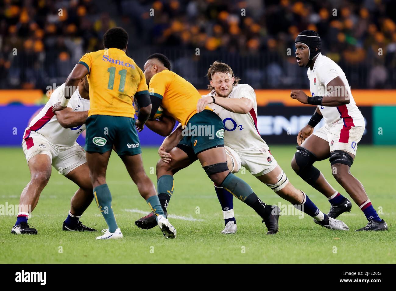 Perth, Australia, 2 July, 2022. Samu Kerevi of the Wallabies is tackled during the rugby international test match between the Australia Wallabies and England at Optus Stadium on July 02, 2022 in Perth, Australia. Credit: Graham Conaty/Speed Media/Alamy Live News Stock Photo