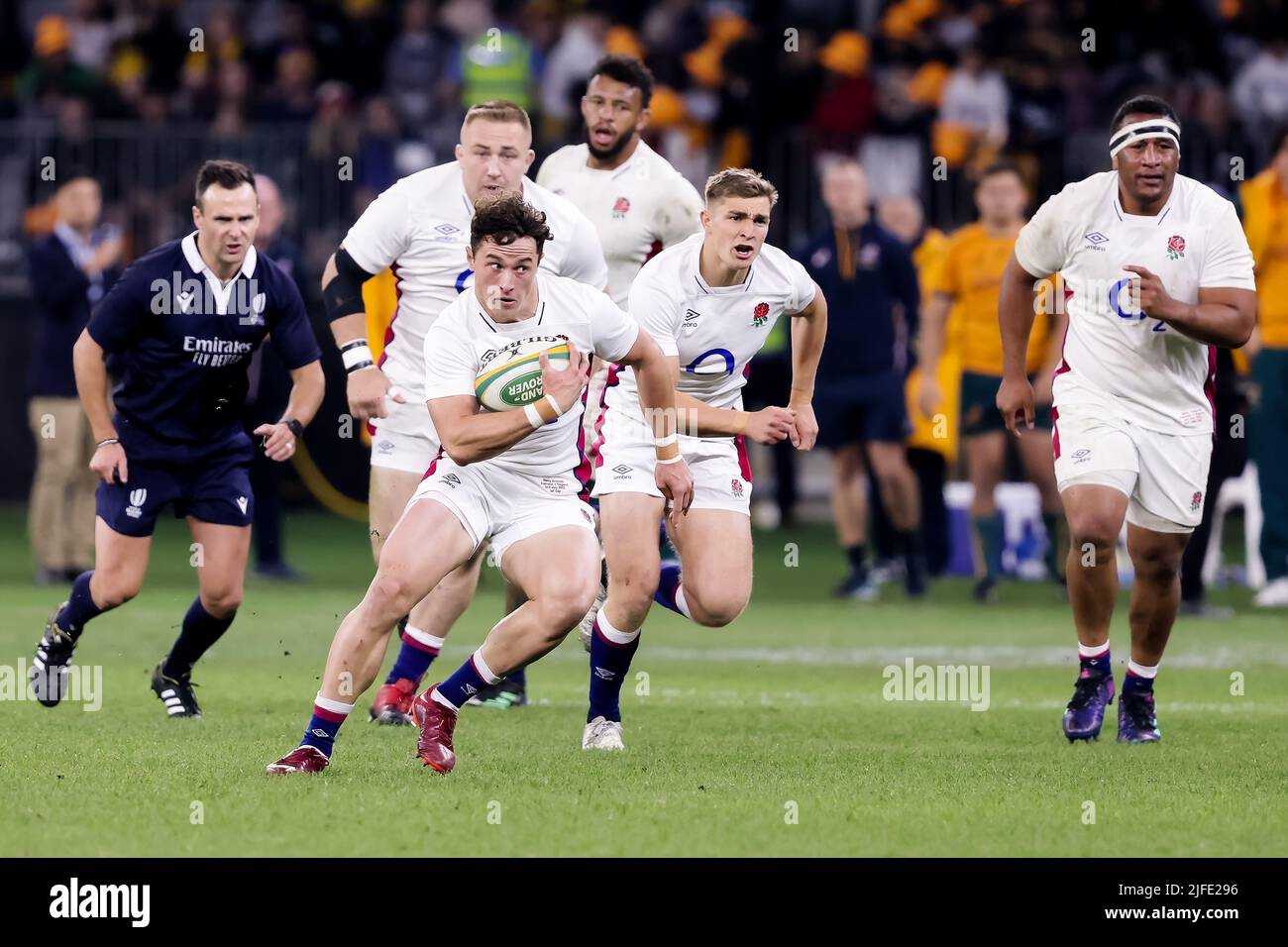 Perth, Australia, 2 July, 2022. Henry Arundell of England runs with the ball during the rugby international test match between the Australia Wallabies and England at Optus Stadium on July 02, 2022 in Perth, Australia. Credit: Graham Conaty/Speed Media/Alamy Live News Stock Photo