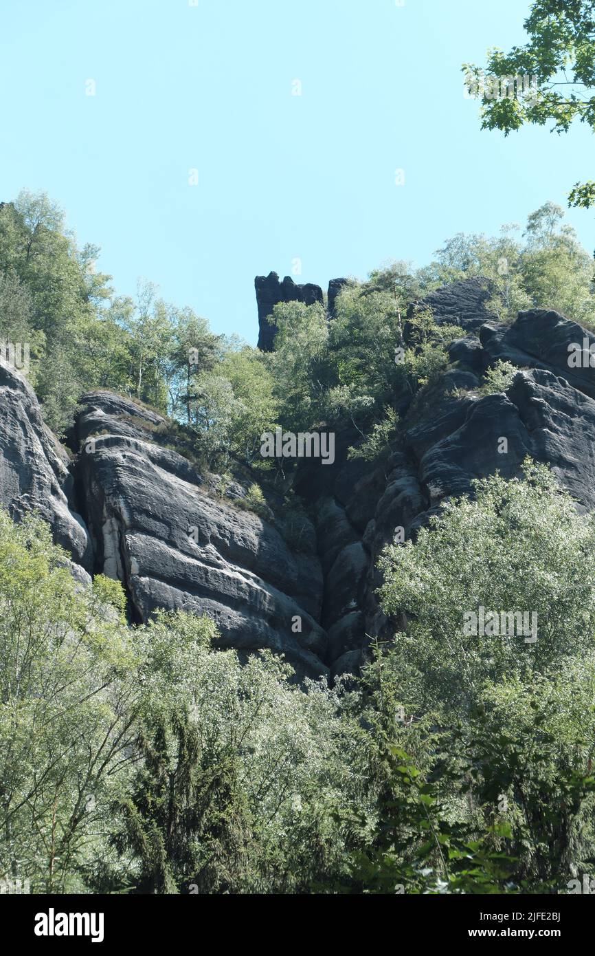 Sandstone rock formations seen from the Elbleitweg in the Sächsische Schweiz National Park. Stock Photo