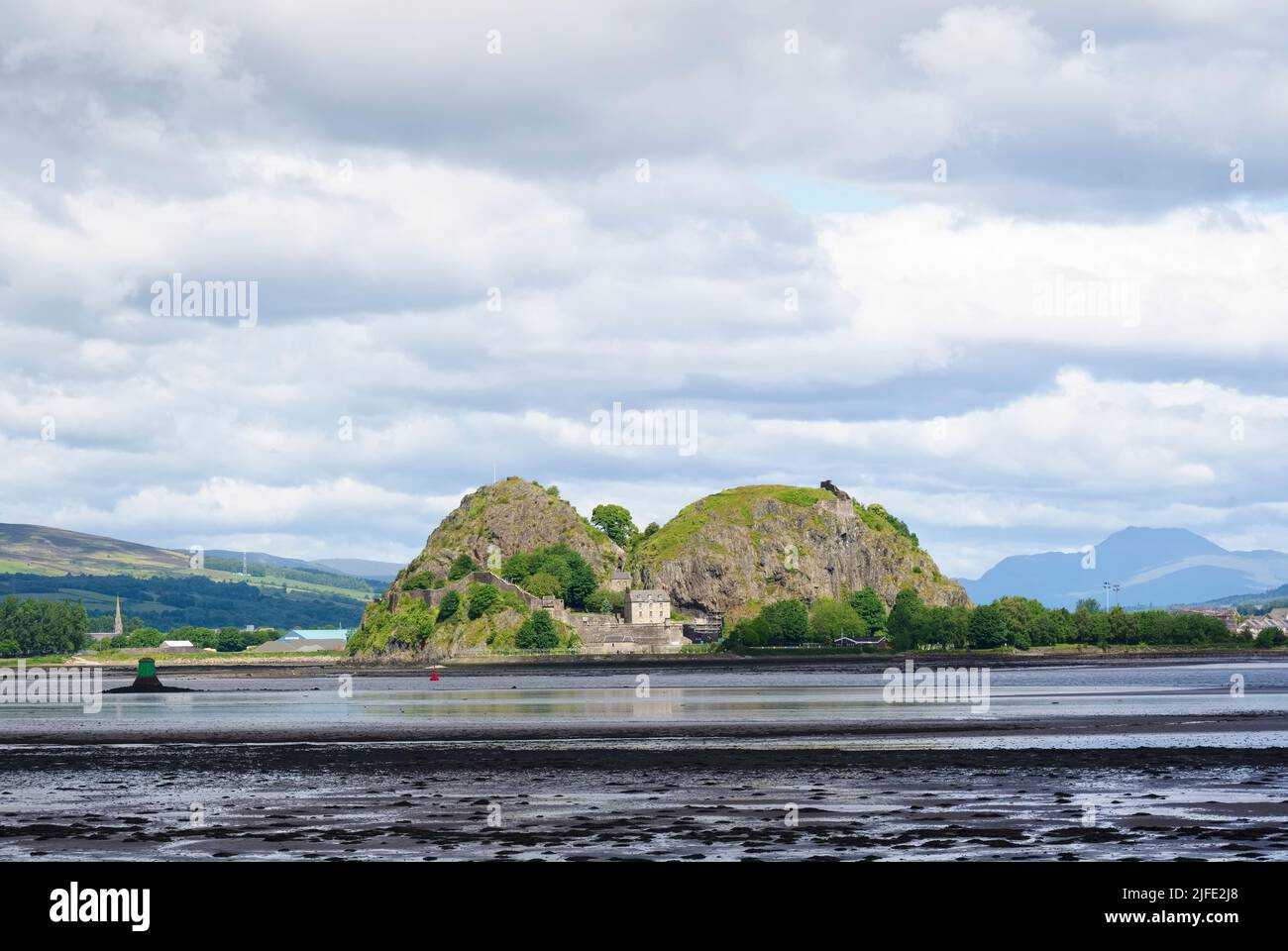 Dumbarton castle building on volcanic rock aerial view from above Scotland Stock Photo