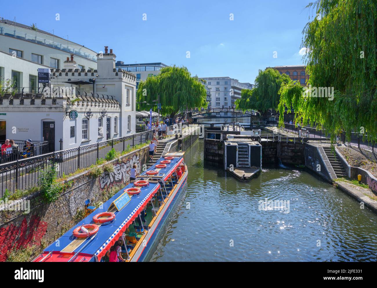 Narrowboat at Regents Canal at Camden Lock, Camden, London, England, UK Stock Photo