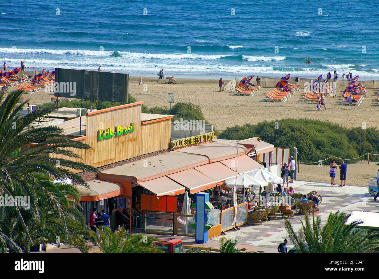 Shops, bars and restaurants between the sand dunes, beach of Playa del Ingles, Grand Canary, Canary islands, Spain, Europe Stock Photo