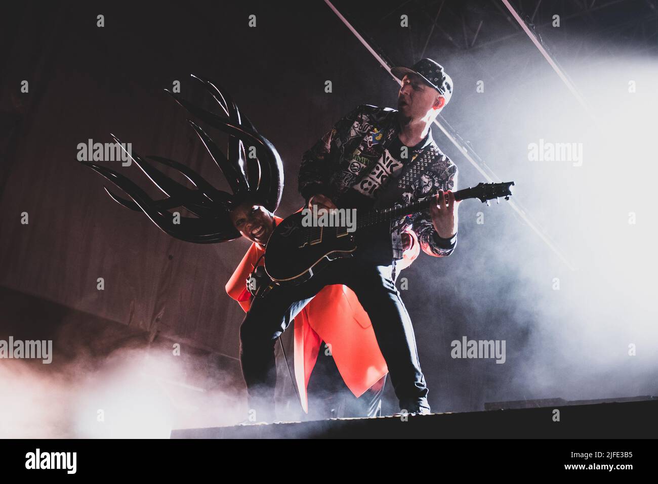 ITALY, COLLEGNO, JULY 1ST 2022: Skin (L) and Ace (R), singer and guitarist of the British rock band “Stunk Anansie”, performing live on stage at the “Flowers Festival” 2022 edition for the “Celebrating 25 years” tour Stock Photo