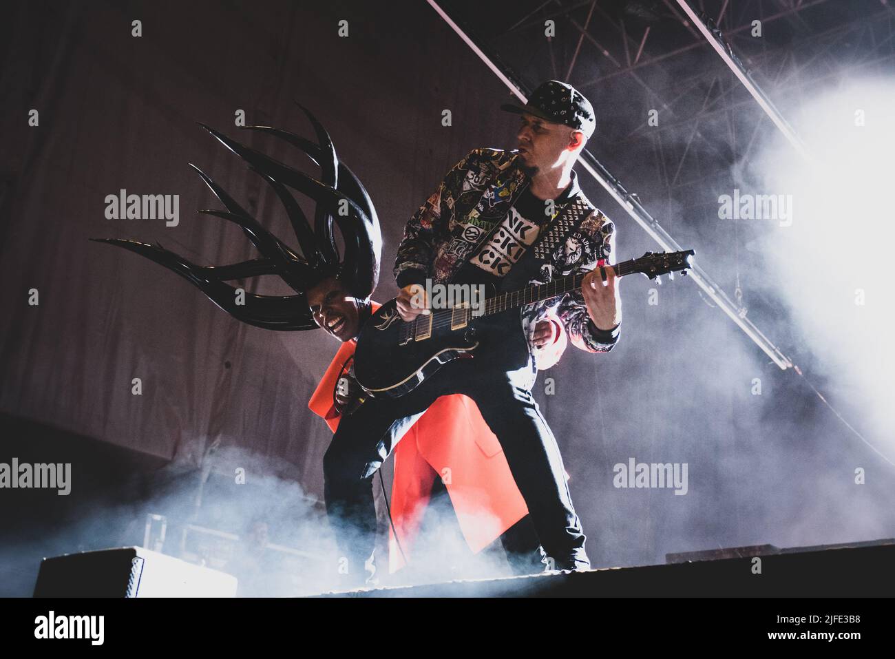 ITALY, COLLEGNO, JULY 1ST 2022: Skin (L) and Ace (R), singer and guitarist of the British rock band “Stunk Anansie”, performing live on stage at the “Flowers Festival” 2022 edition for the “Celebrating 25 years” tour Stock Photo