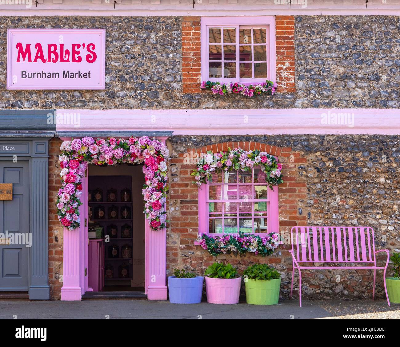 Norfolk, UK - April 7th 2022: The pretty exterior of Mables in the village of Burnham Market in Norfolk, UK. Stock Photo