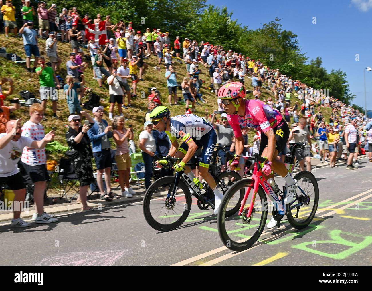 Denmark. 02nd July, 2022. Magnus CORT and Sven Erik BYSTRØM giving the home crowd something to cheer for at they sprint for the KOM points during Tour De France, Stage 2, Roskilde to Nyborg, Denmark, 1st July 2022, Credit:Pete Goding/Goding Images/Alamay Live News Credit: Peter Goding/Alamy Live News Stock Photo