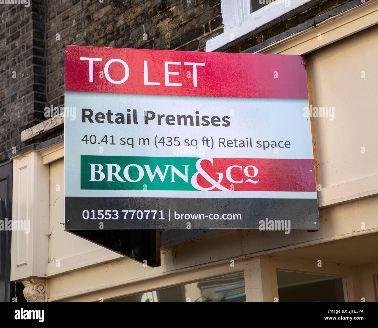 Norfolk, UK April 8th 2022 A TO LET sign above an empty retail