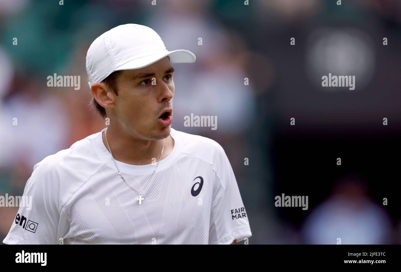 Alex de Minaur in action during his Gentlemen's Singles third round match against Liam Broady during day six of the 2022 Wimbledon Championships at the All England Lawn Tennis and Croquet Club, Wimbledon. Picture date: Saturday July 2, 2022. Stock Photo