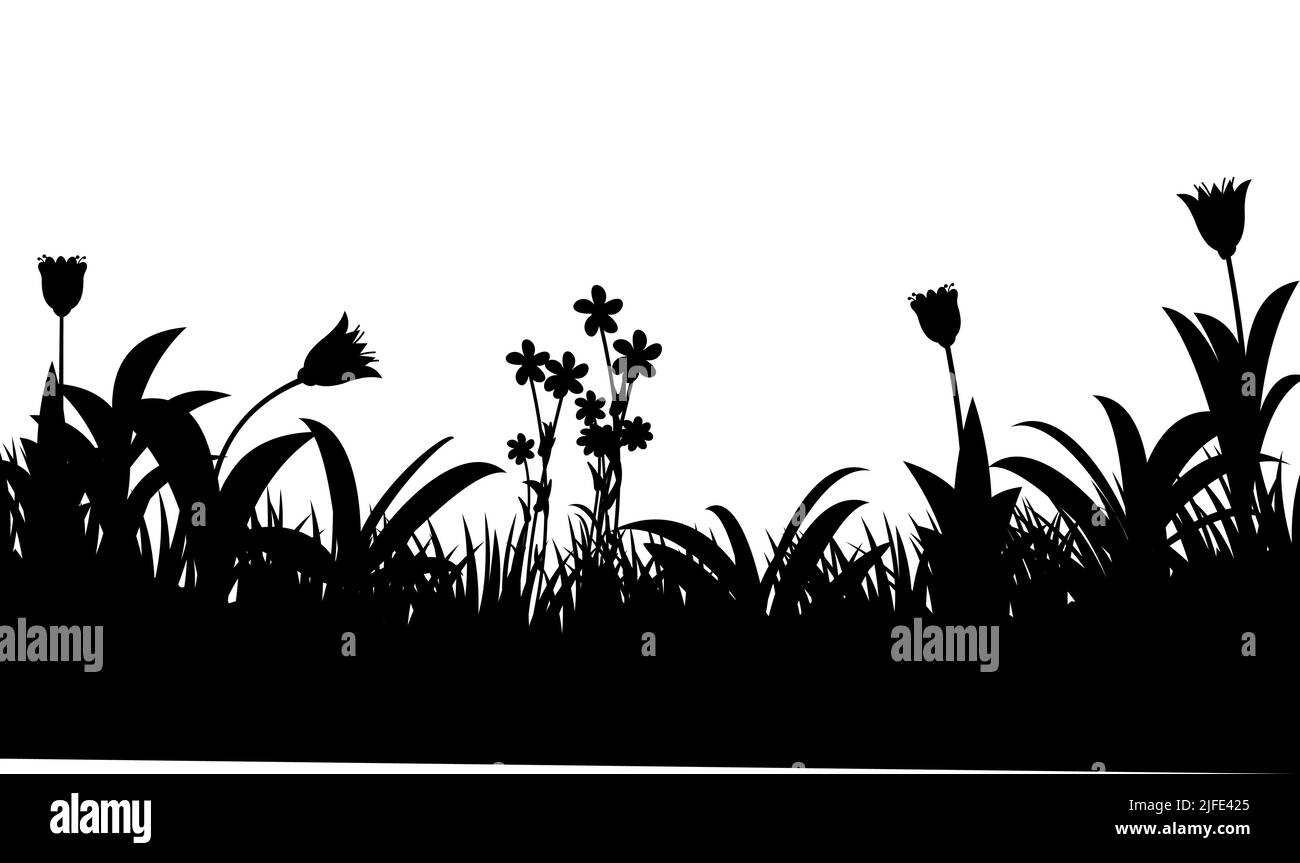 Blooming summer meadow. Dense grass and wildflowers. Rural landscape. Fun cartoon style. Isolated on white background. Silhouette picture. Vector. Stock Vector