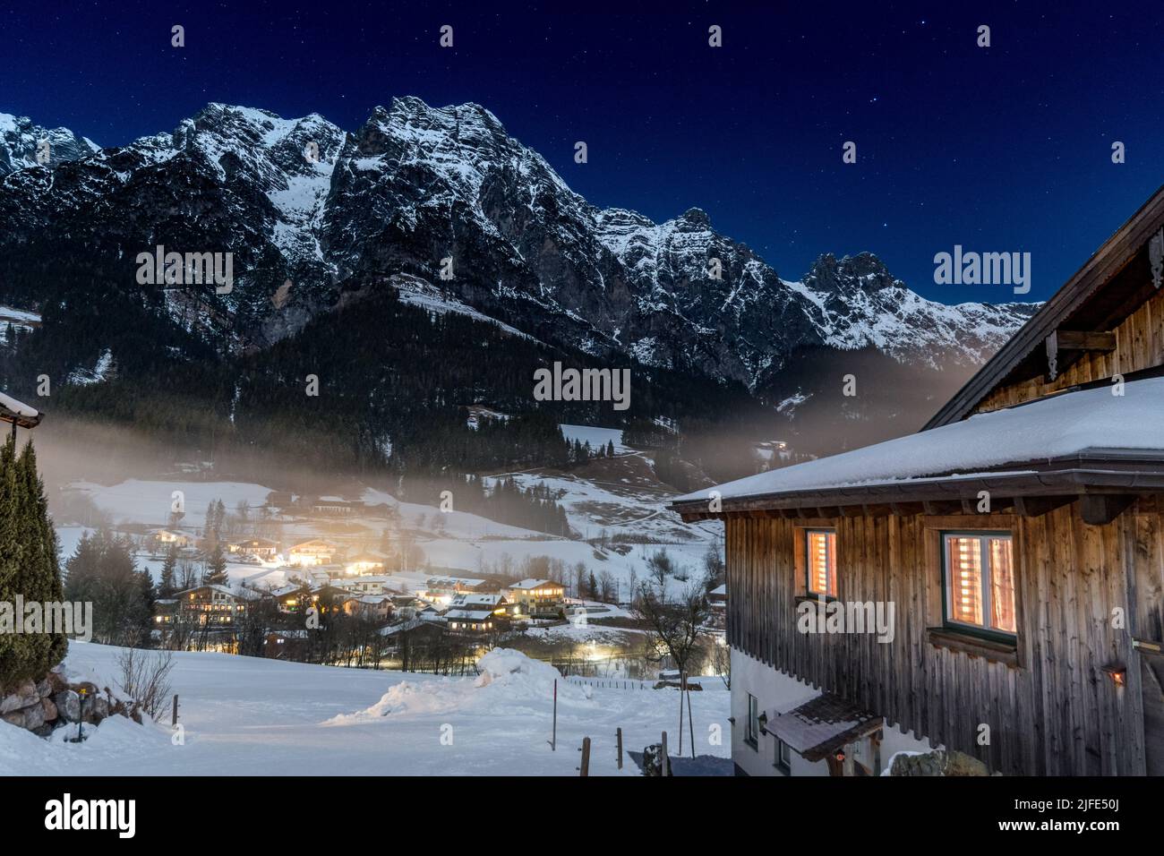 Winter night in Leogang, Austria Stock Photo