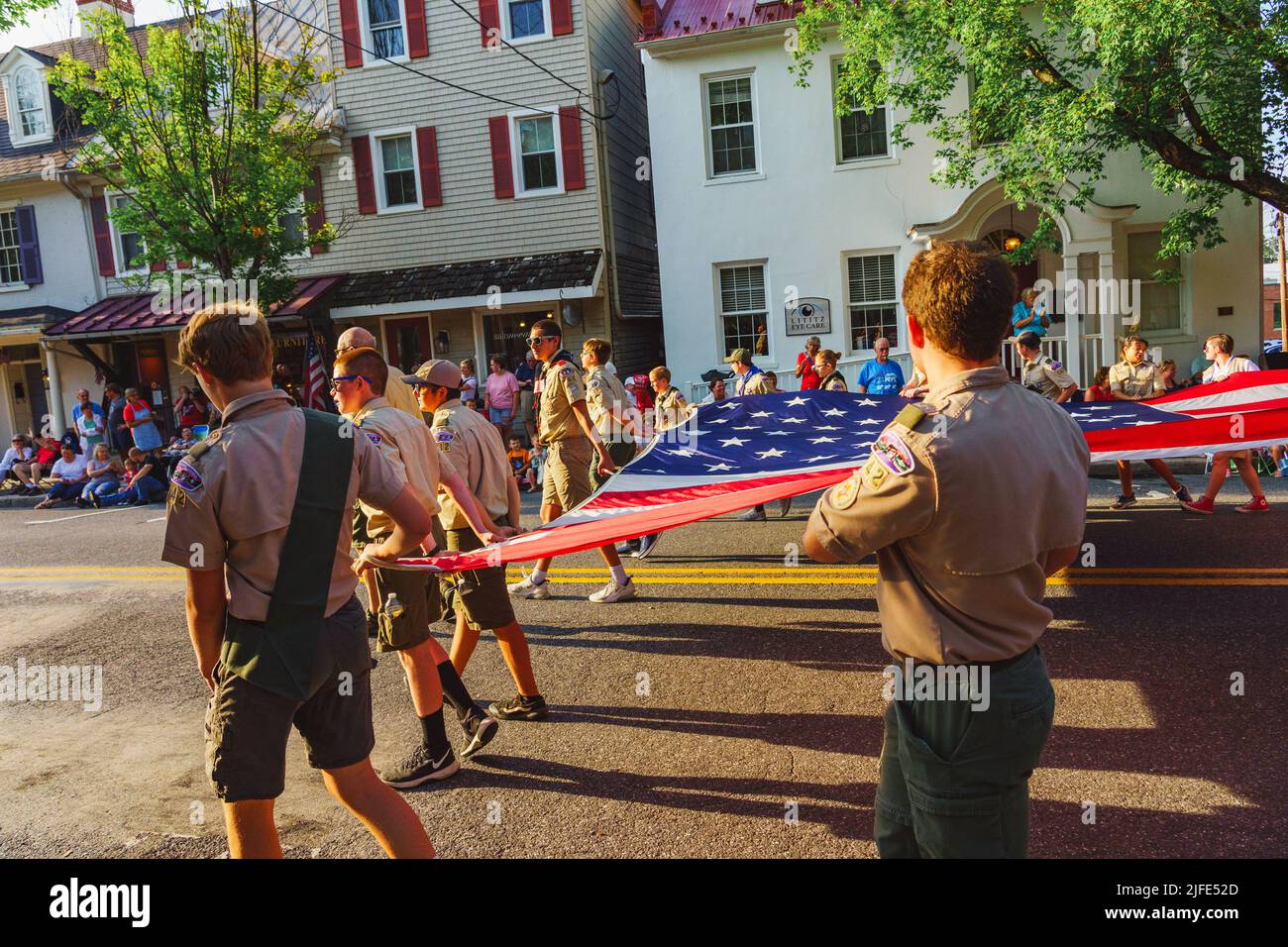 Lititz, PA, USA July 1, 2022 Boy Scouts carry a large US Flag in the