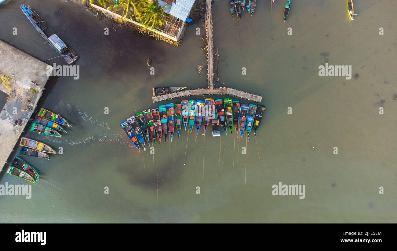 Aerial view of the fishing port in Lhok Seudu village, Aceh, Indonesia. Stock Photo