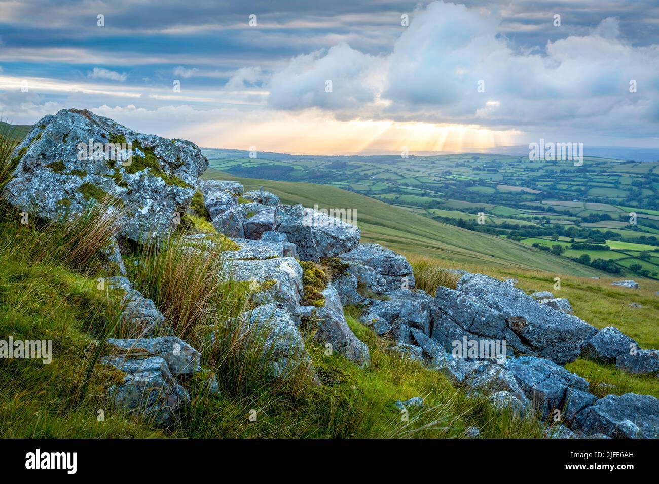 Dramatic sky and limestone rocks at the Black Mountain in South Wales UK Stock Photo