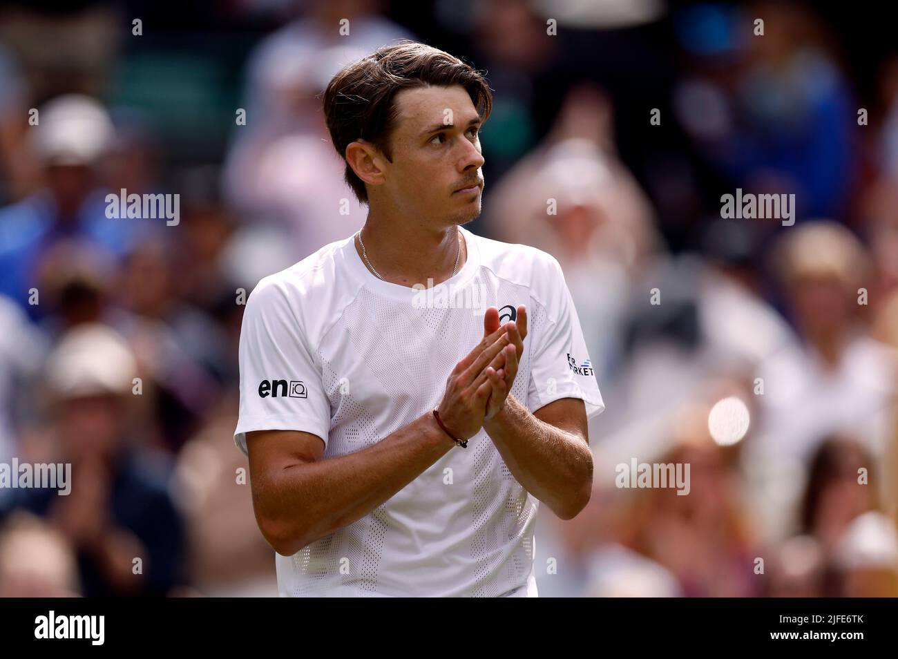 Alex de Minaur after winning his Gentlemen's Singles third round match against Liam Broady during day six of the 2022 Wimbledon Championships at the All England Lawn Tennis and Croquet Club, Wimbledon. Picture date: Saturday July 2, 2022. Stock Photo