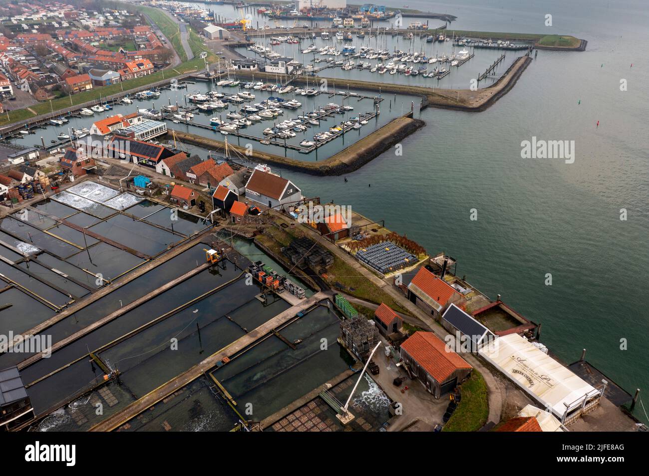 Aerial view of oyster farms with oyster pits in Yerseke, famous for its fishing industry along Oosterschelde (Eastern Scheldt), Zealand, Netherlands. Stock Photo
