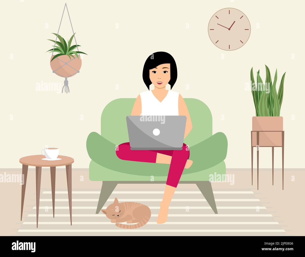 A happy woman is sitting in a chair in a home interior with a laptop and cat. Flat vector illustration. Stock Vector