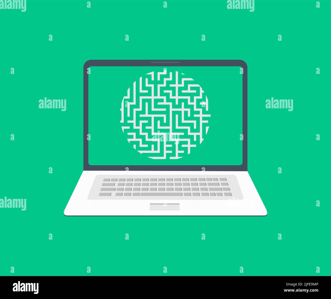 Round maze on laptop screen, notebook logo design. Circle labyrinth vector design and illustration. Stock Vector
