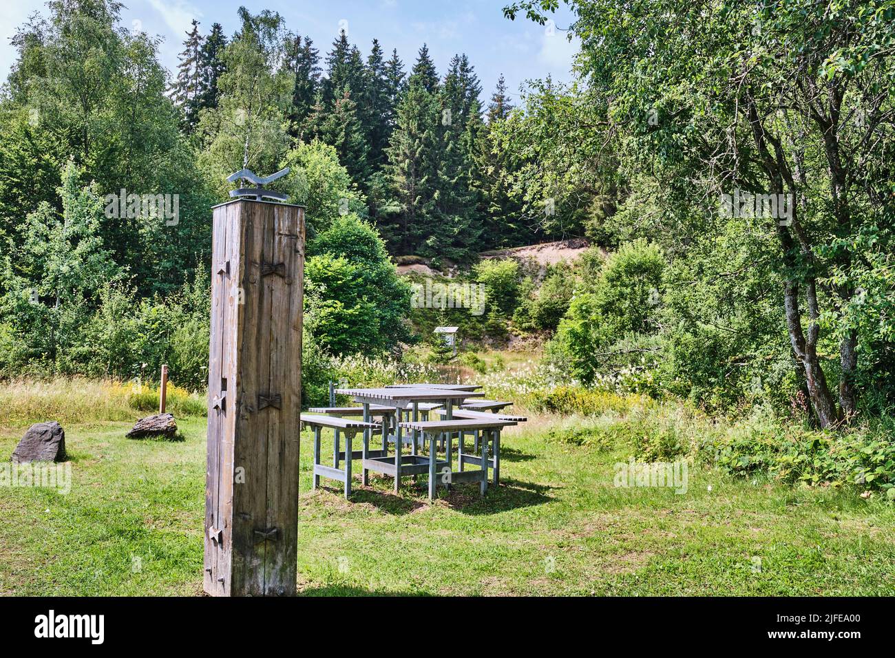 resting area along Roothaarsteig hiking trail, a popular destination in Sauerland Stock Photo