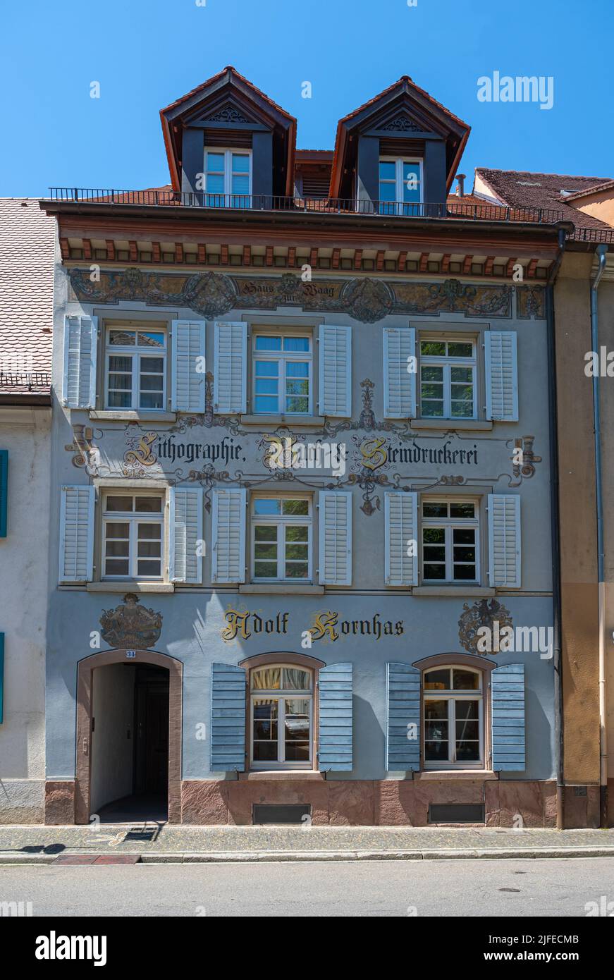 Beautiful house facades in Freiburg‘s old town. Baden Wuerttemberg, Germany, Europe Stock Photo
