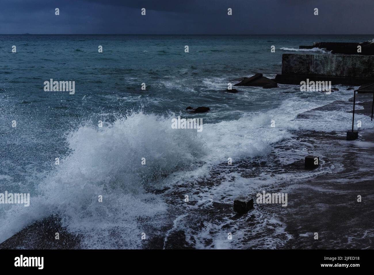 Black Sea in rainy stormy weatherin spring at Alupka, Crimea Stock Photo