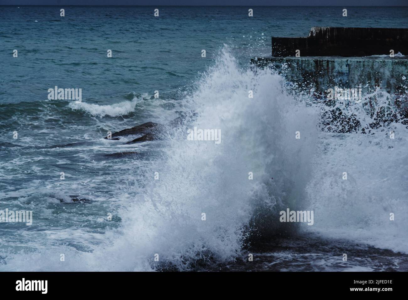 Black Sea in rainy stormy weatherin spring at Alupka, Crimea Stock Photo