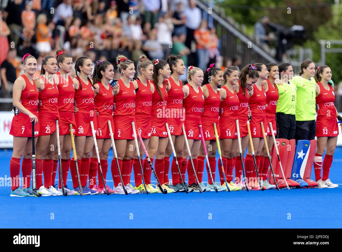 AMSTERDAM - The women's squad of Chile during the national anthem, during the match between Germany and Chile at the World Hockey Championships at Wagener Stadium, on July 2, 2022 in Amsterdam, Netherlands. ANP SANDER KING Stock Photo