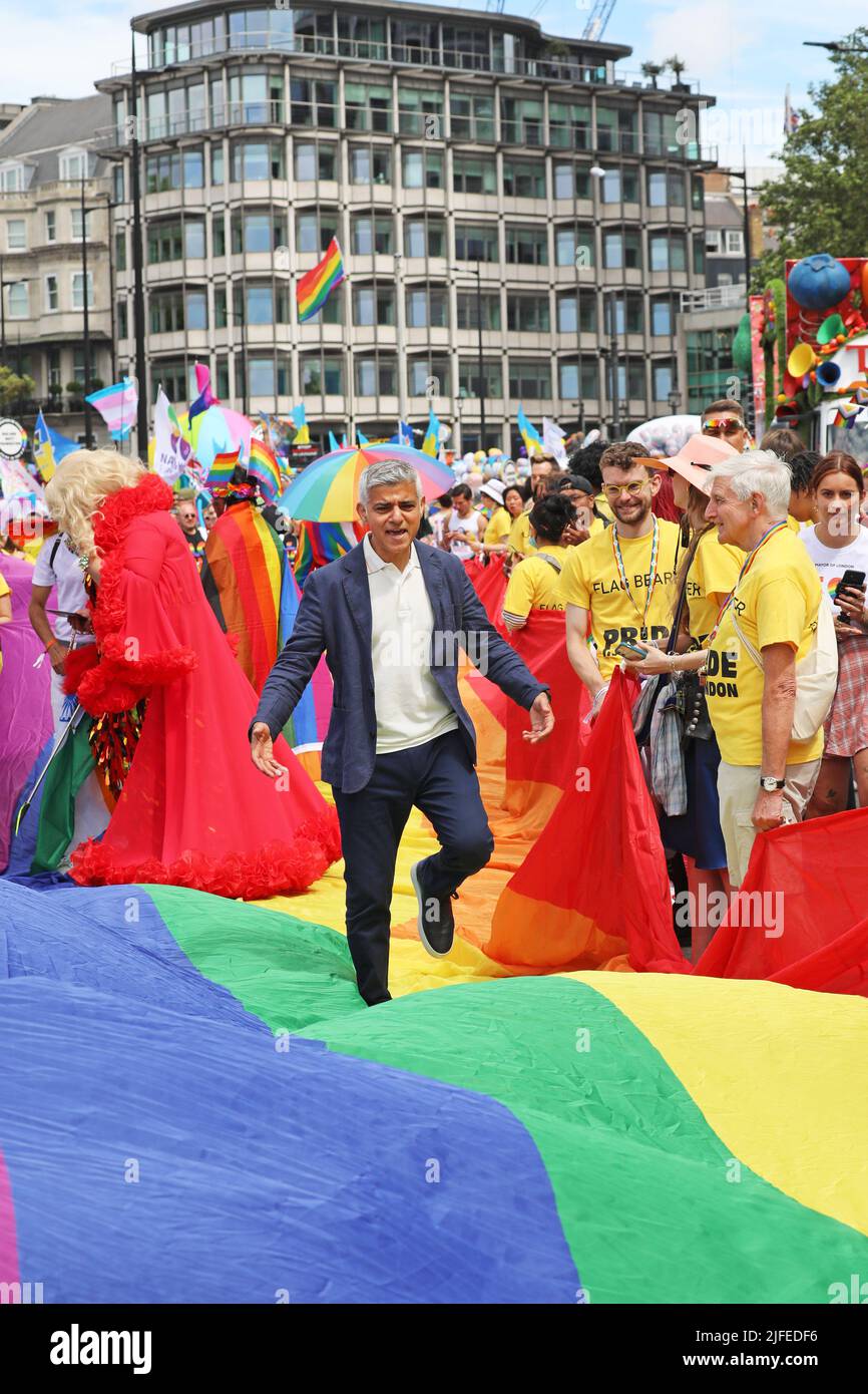 London, UK. 2nd July, 2022. Mayor of London, Sadiq Khan at the Pride in London Parade. More than 30,000 participants took part in the Pride Parade in London, celebrating 50 years of Pride and LGBT  protest. Credit: Paul Brown/Alamy Live News Stock Photo