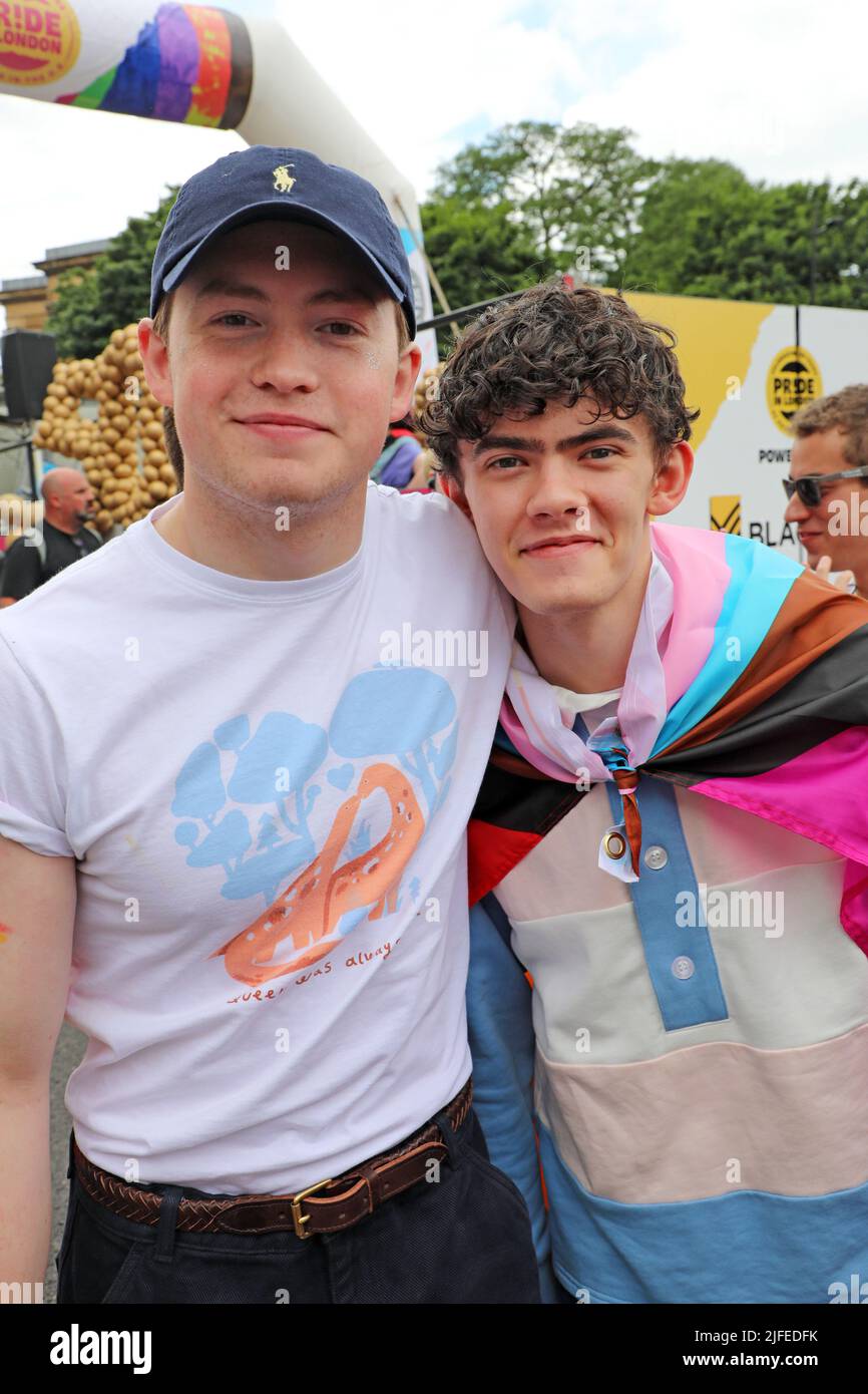 London, UK. 2nd July, 2022. Joe Locke and Kit Connor of Heartstopper at the Pride in London Parade. More than 30,000 participants took part in the Pride Parade in London, celebrating 50 years of Pride and LGBT  protest. Credit: Paul Brown/Alamy Live News Stock Photo