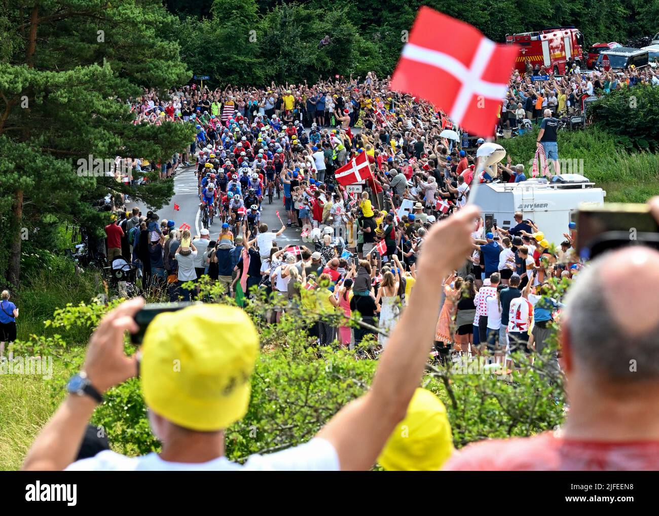 A Fan waves the Danish flags during Tour De France, Stage 2, Roskilde to Nyborg, Denmark, 1st July 2022, Credit:Pete Goding/Goding Images/Alamy Live News Stock Photo